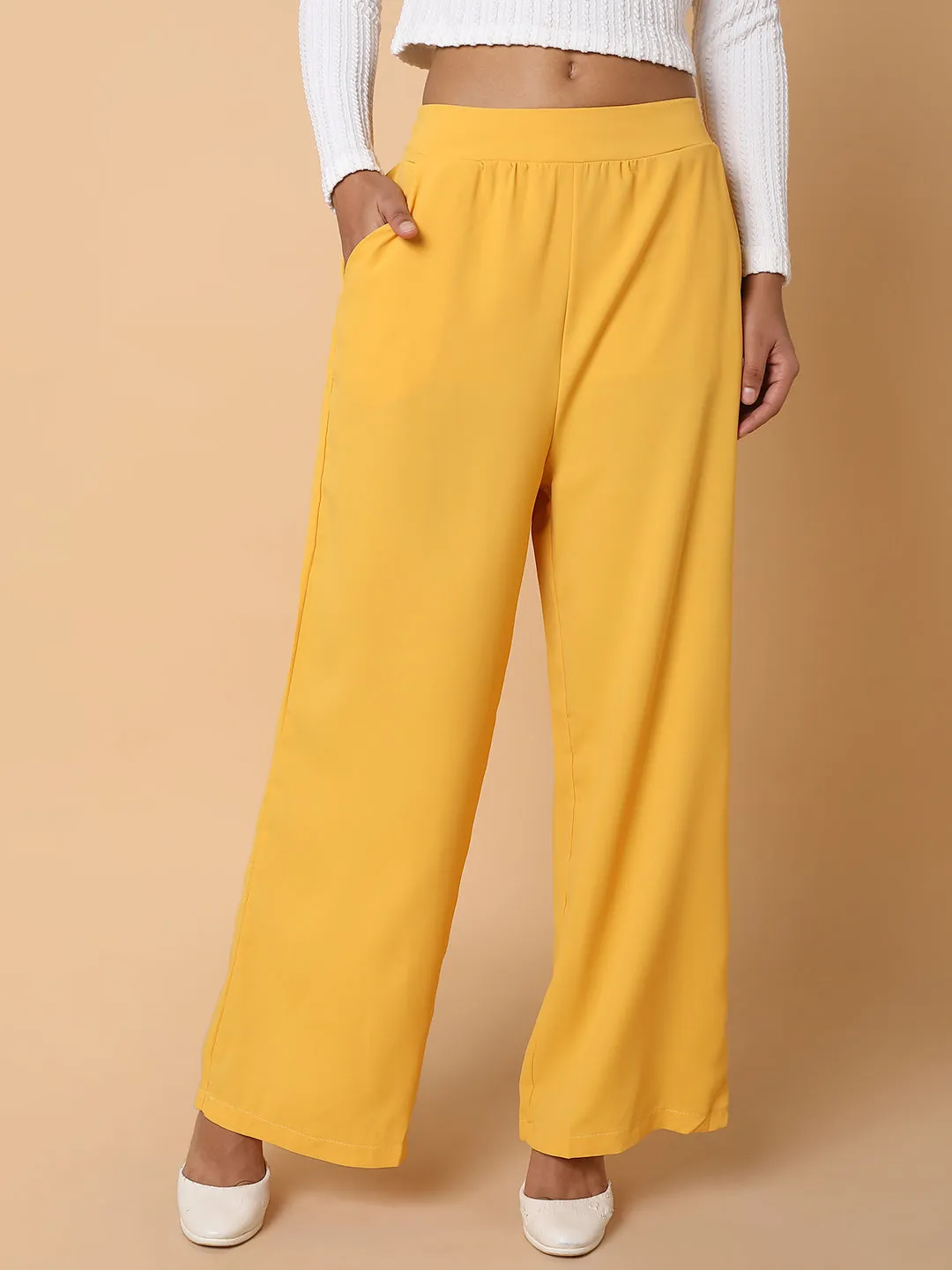 Women Flat Front Solid Mustard Trousers