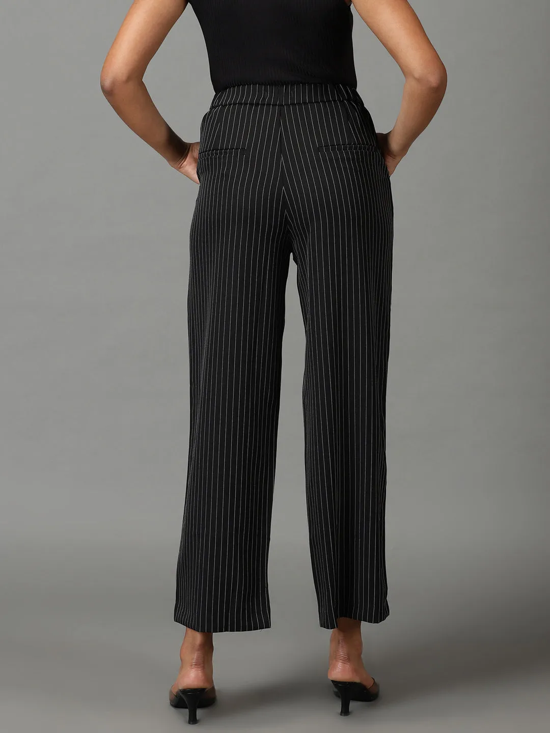 Women's Black Striped Formal Trouser