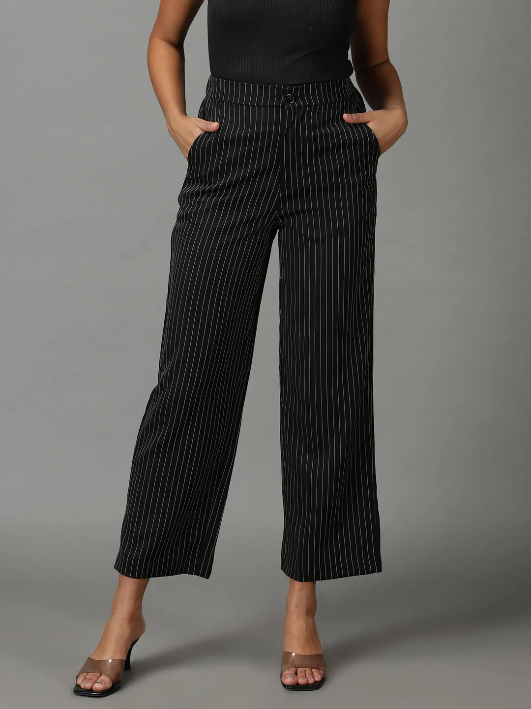 Women's Black Striped Formal Trouser