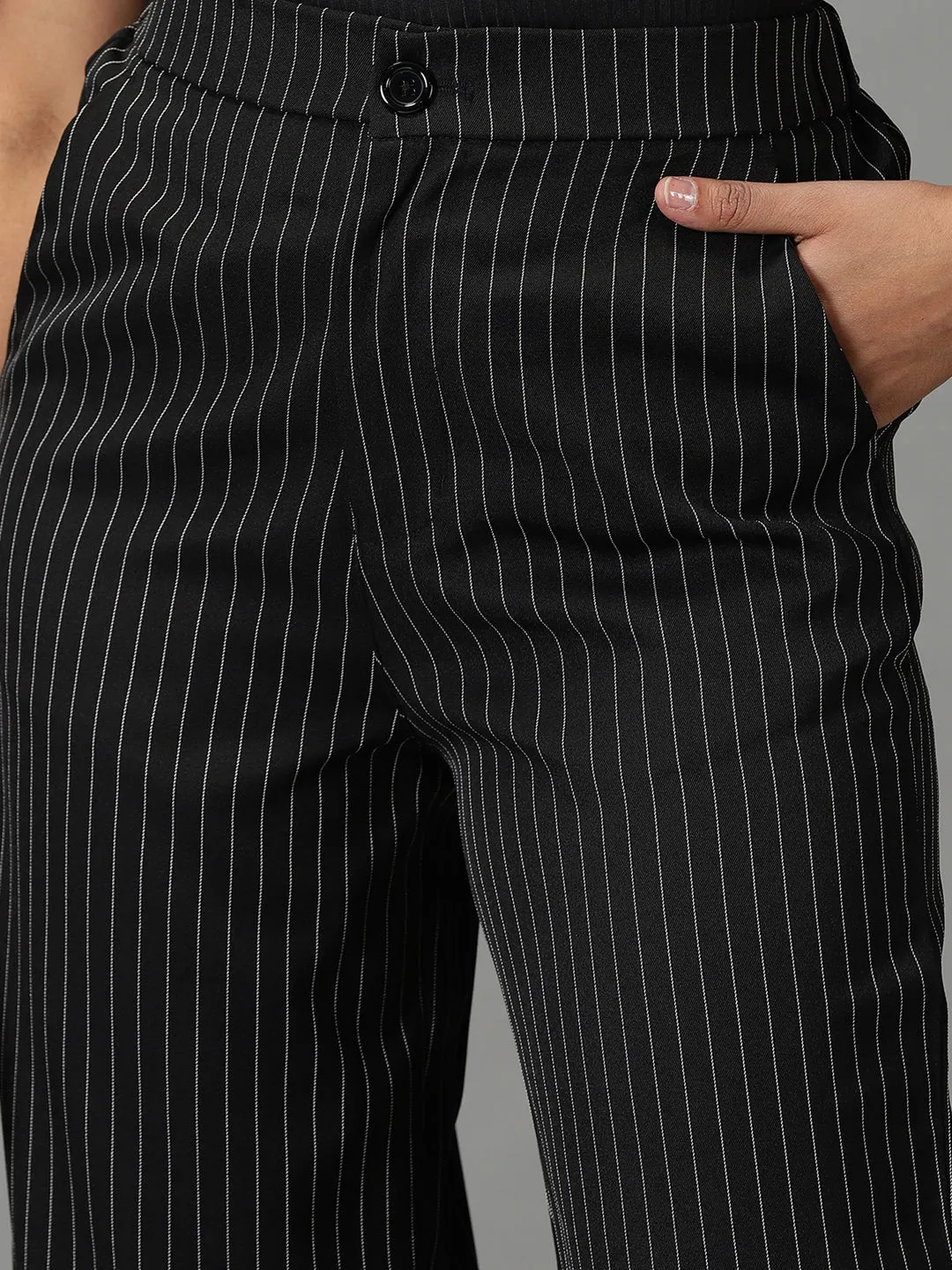 Women's Black Striped Formal Trouser