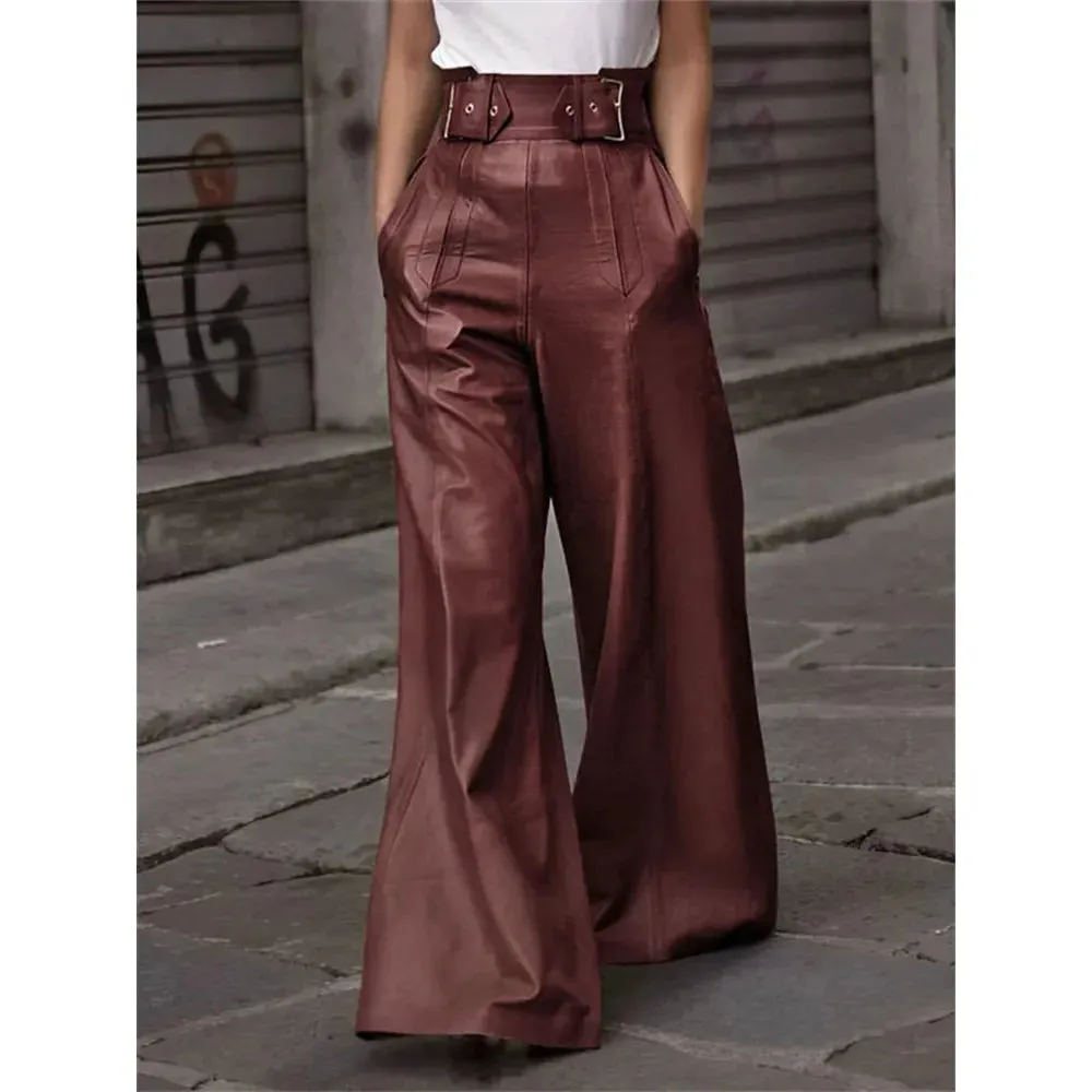 Women's Faux Leather Loose Pleated Pockets Wide Leg Trousers