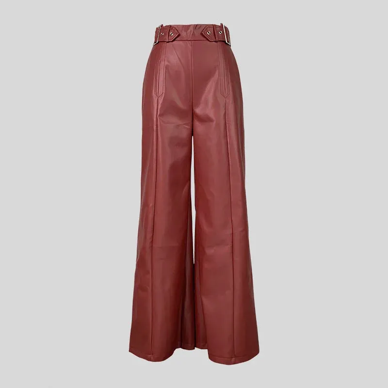 Women's Faux Leather Loose Pleated Pockets Wide Leg Trousers