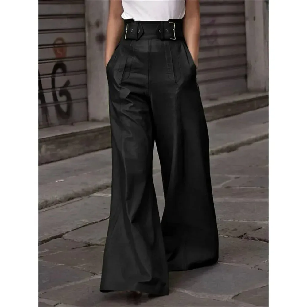 Women's Faux Leather Loose Pleated Pockets Wide Leg Trousers