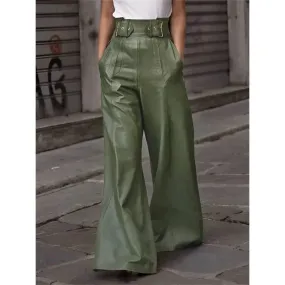 Women's Faux Leather Loose Pleated Pockets Wide Leg Trousers