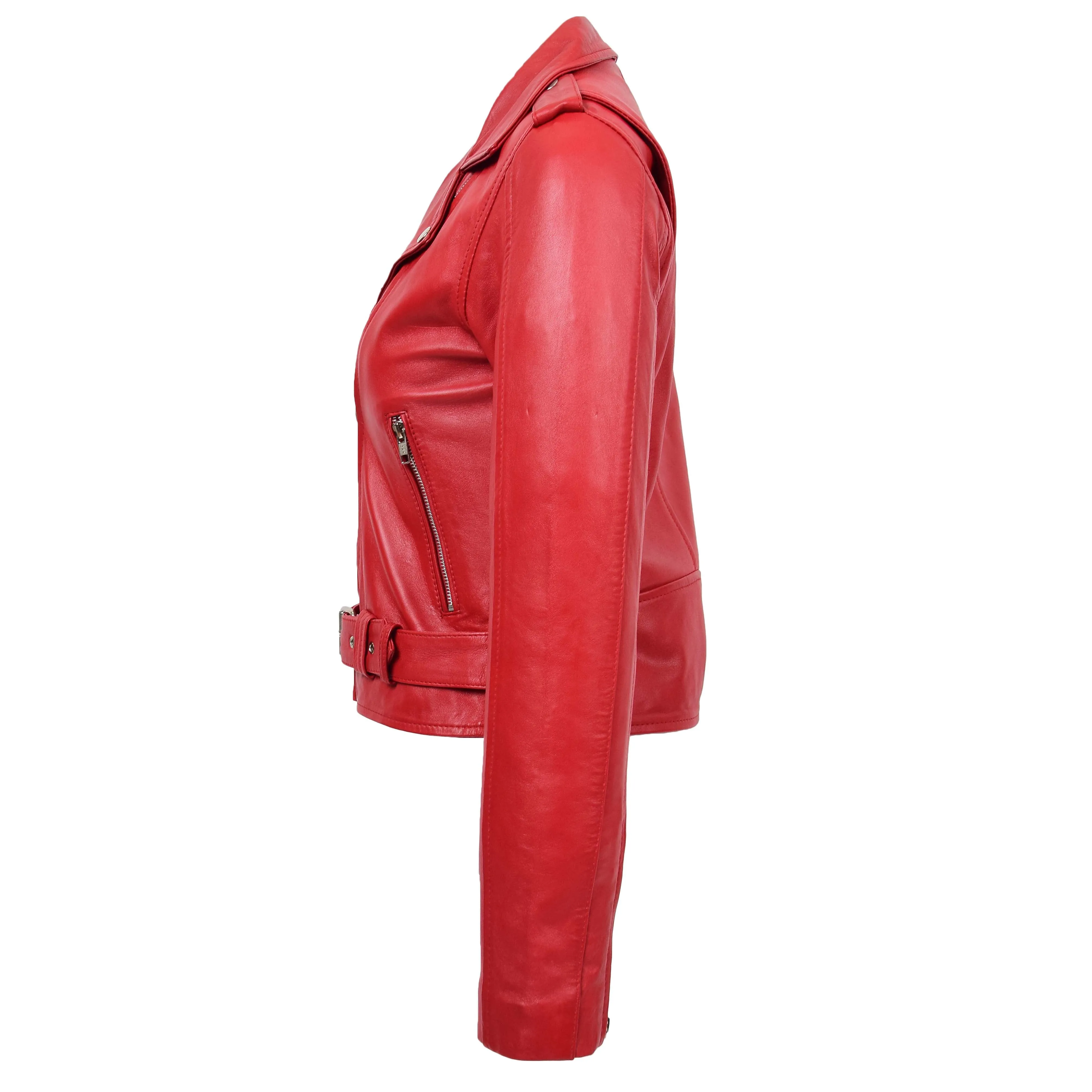 Womens Real Leather Biker Brando Style Jacket Mia Red