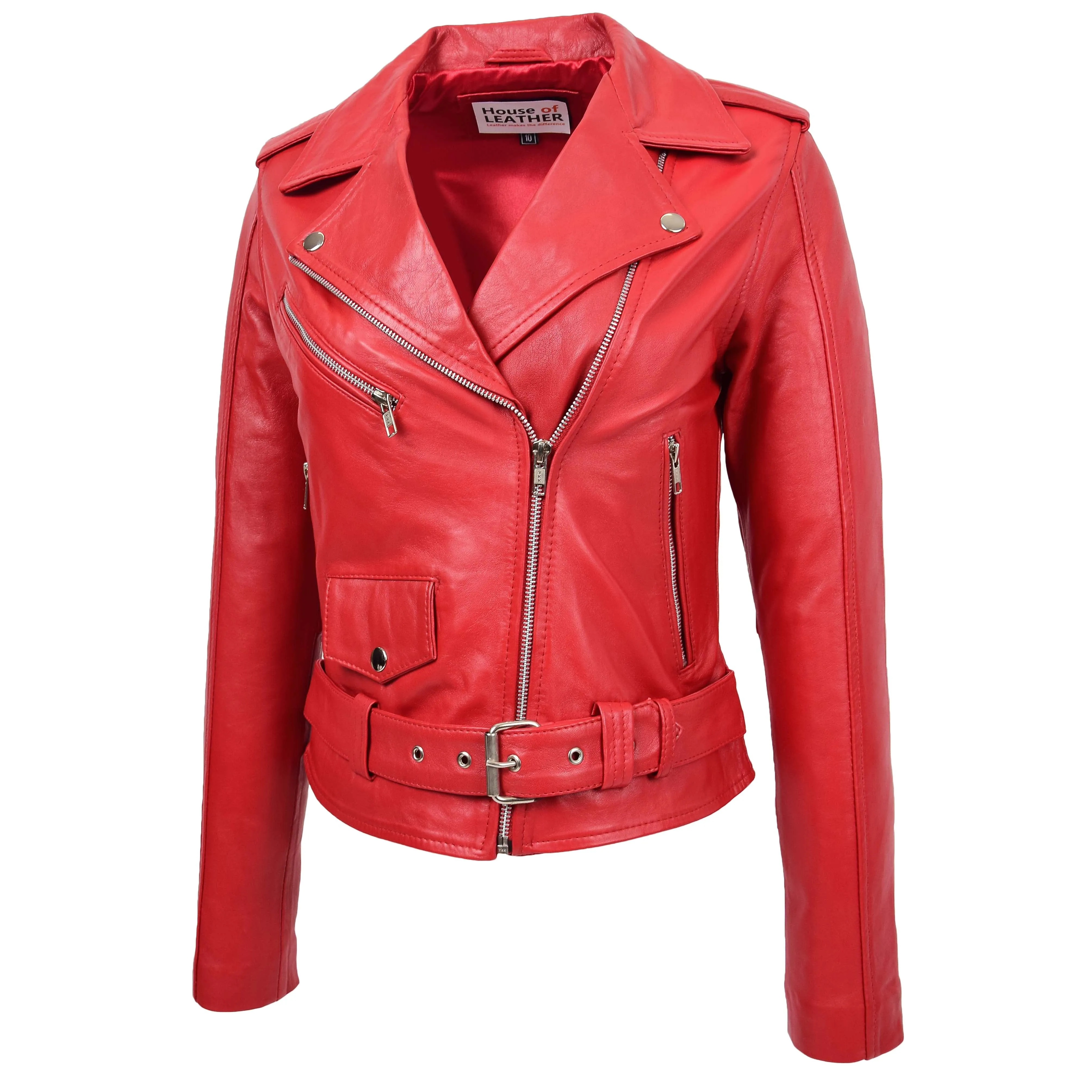 Womens Real Leather Biker Brando Style Jacket Mia Red