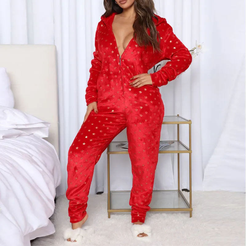 Xmas Zipper Hoodies Thick Wholesale Loungewear Women Jumpsuit