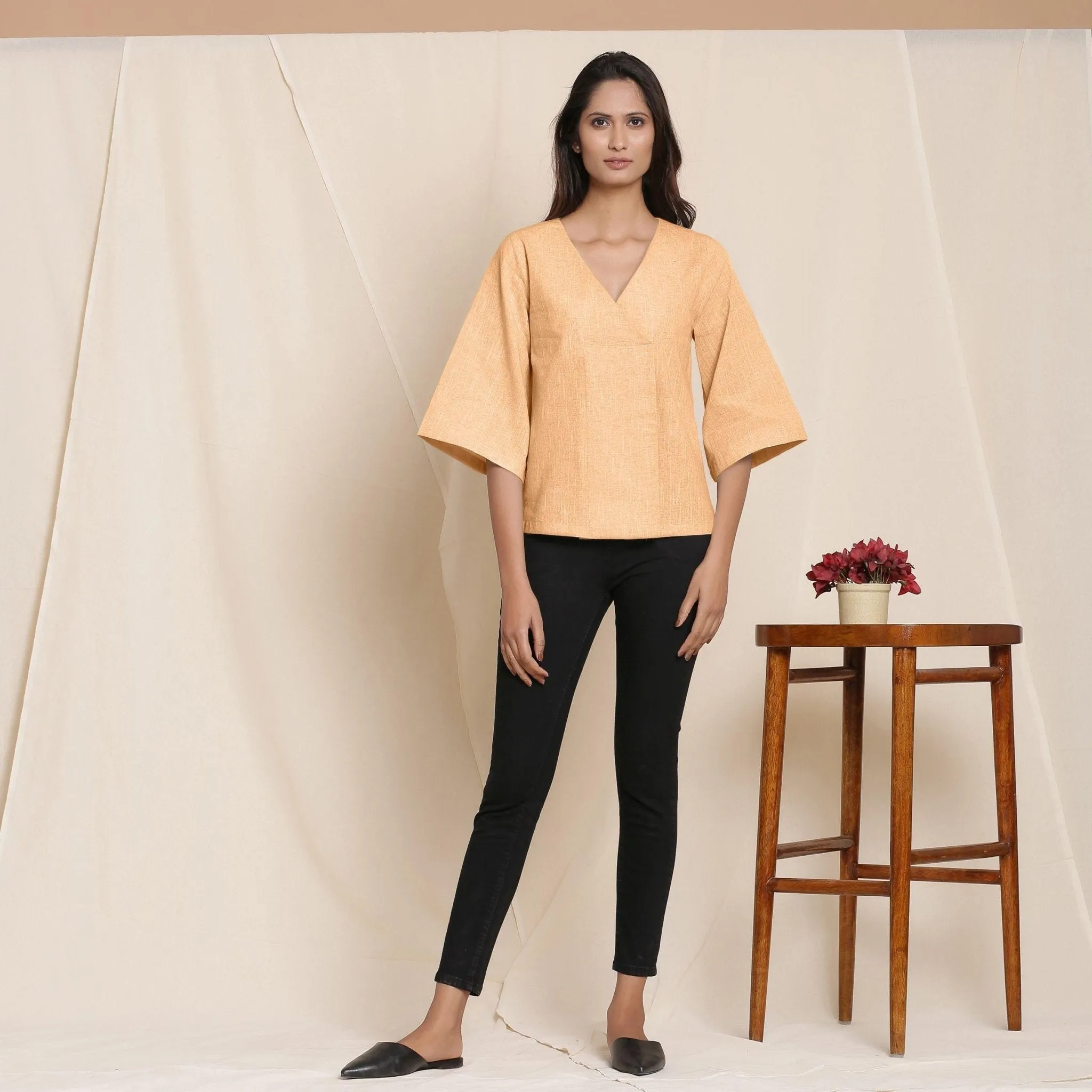 Yellow Yarn Dyed 100% Cotton V-Neck Loose Fit Top