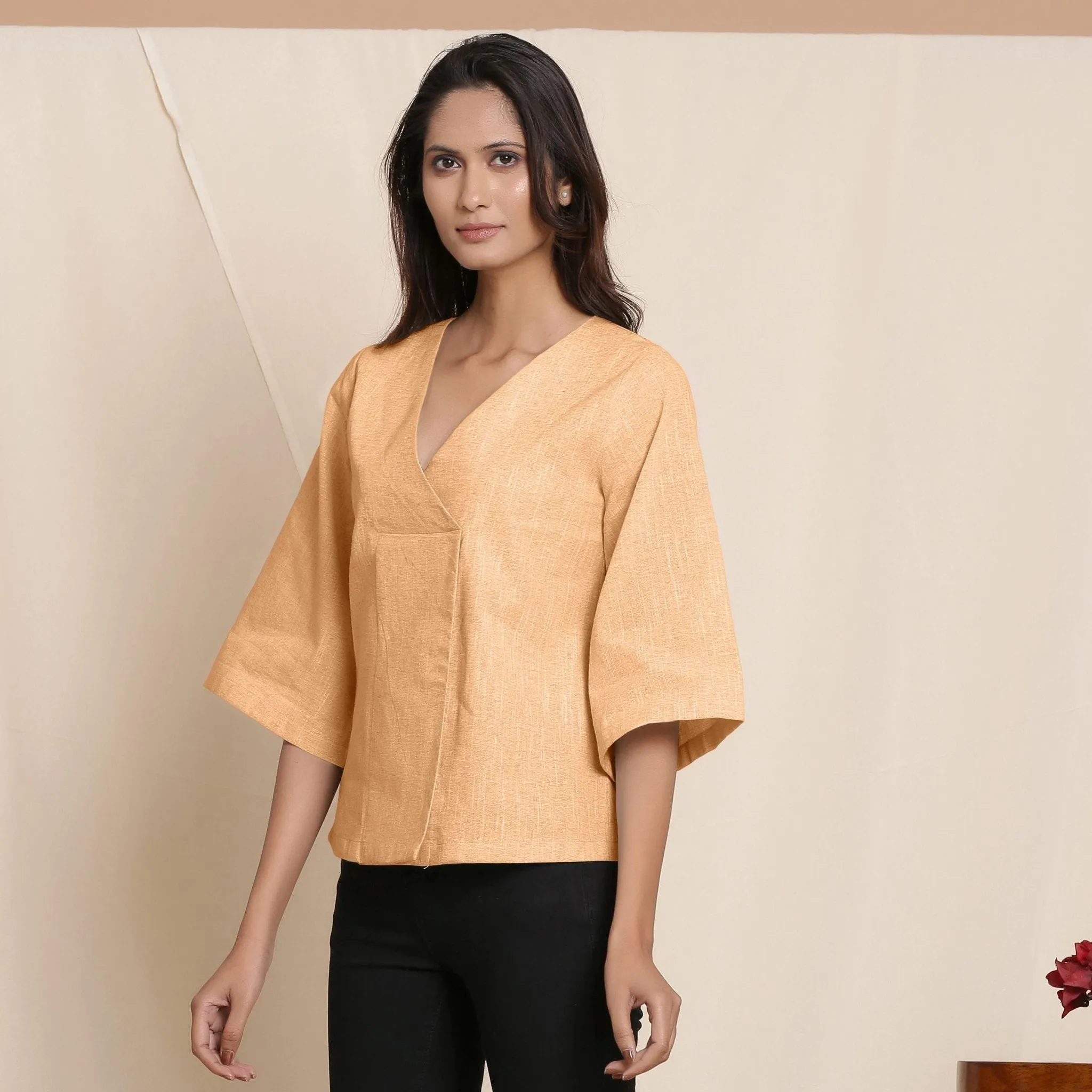 Yellow Yarn Dyed 100% Cotton V-Neck Loose Fit Top