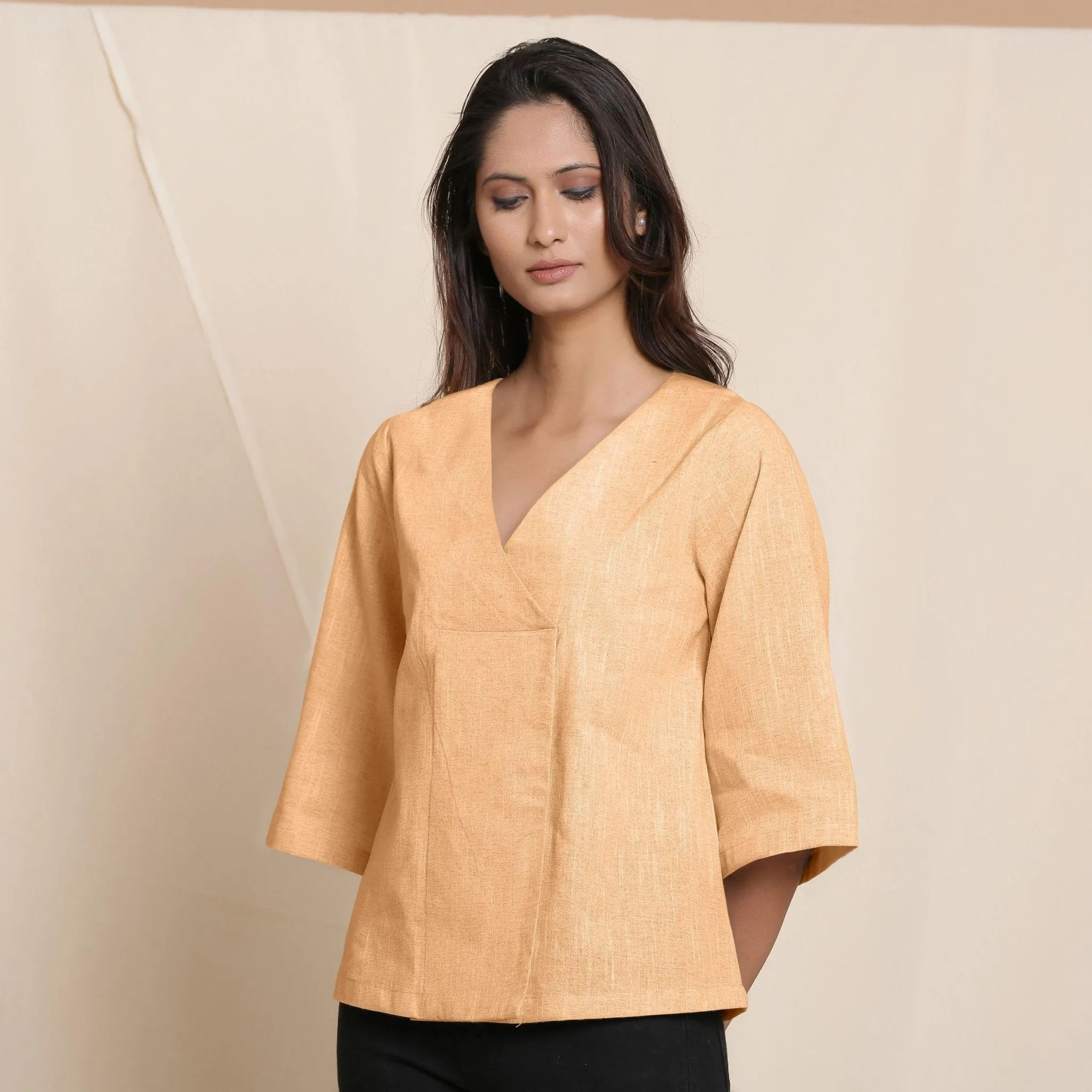 Yellow Yarn Dyed 100% Cotton V-Neck Loose Fit Top